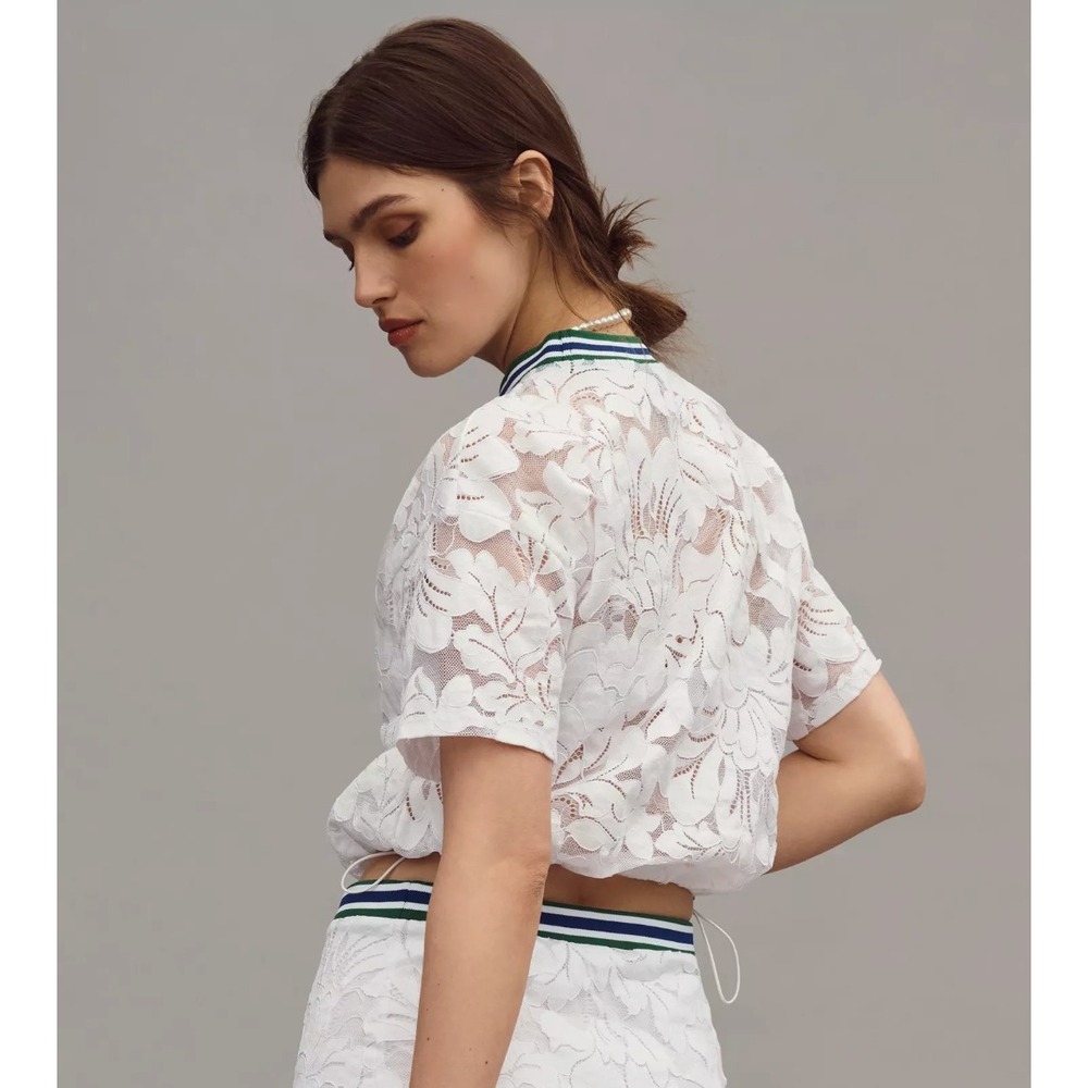 Maeve Anthropologie Short-Sleeve Cropped Lace Pullover Top White Coastal Preppy - Picture 2 of 7